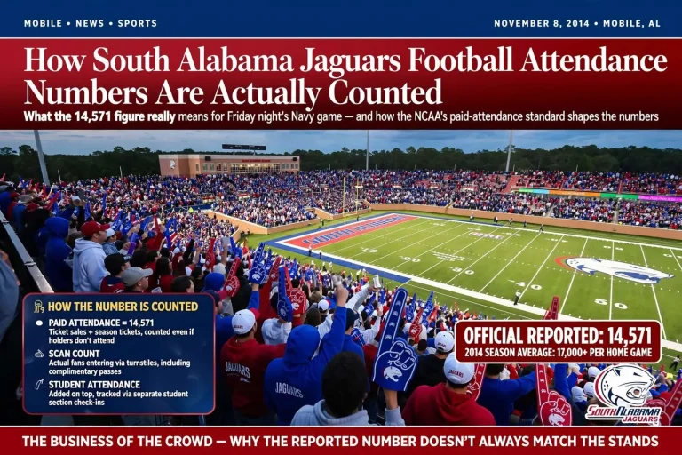 Illustration for the news story: How South Alabama Jaguars Football Attendance Numbers Are Actually Counted