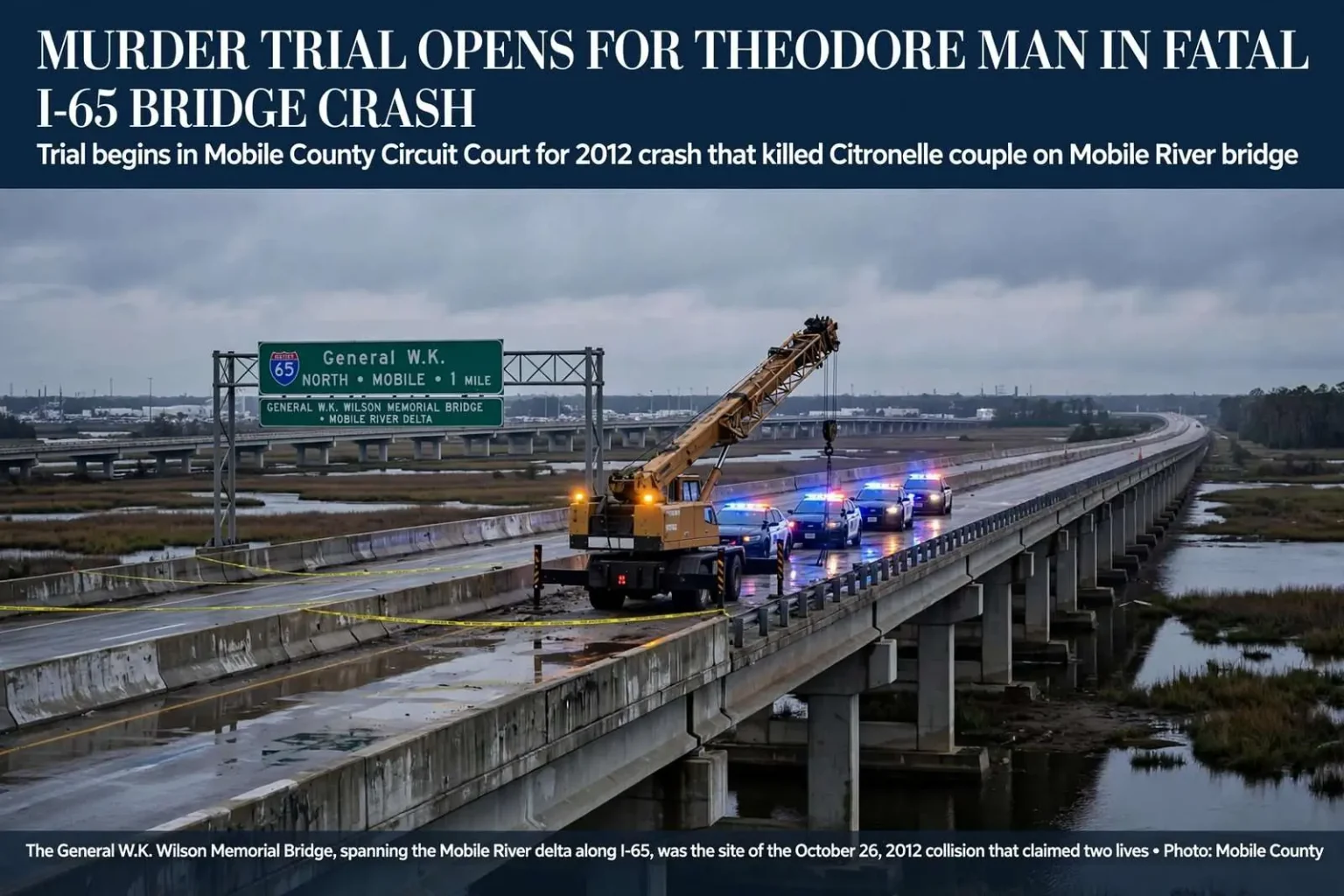 Illustration for the news story: Murder Trial Opens for Theodore Man in Fatal I-65 Bridge Crash