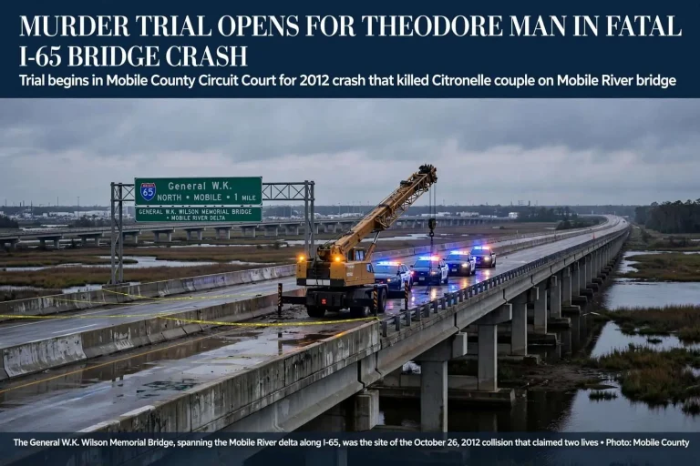 Illustration for the news story: Murder Trial Opens for Theodore Man in Fatal I-65 Bridge Crash