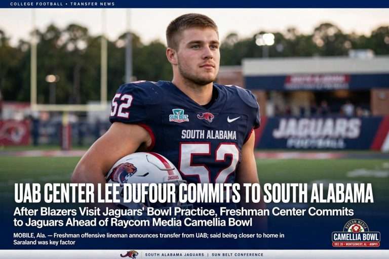Illustration for the news story: UAB Center Lee Dufour Commits to South Alabama After Blazers Visit Jaguars’ Bowl Practice