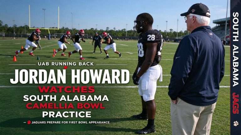 Illustration for the news story: UAB Running Back Jordan Howard, Ray Perkins Watch South Alabama Camellia Bowl Practice