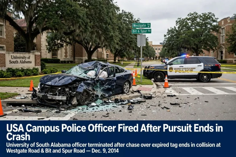 Illustration for the news story: USA Campus Police Officer Fired After Pursuit Ends in Crash