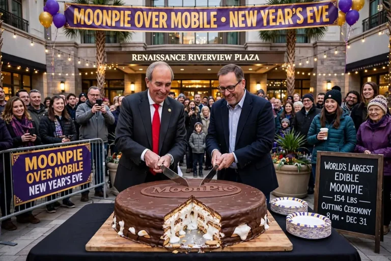Illustration for the news story: Grab a slice of the world’s largest MoonPie at Mobile’s New Year’s Eve bash
