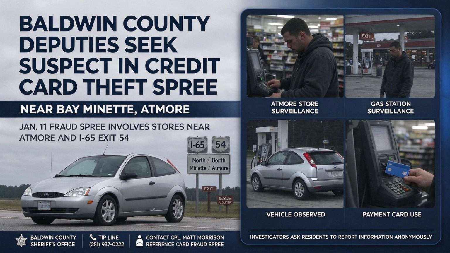 Illustration for the news story: Baldwin County Deputies Seek Suspect in Credit Card Theft Spree Near Bay Minette, Atmore