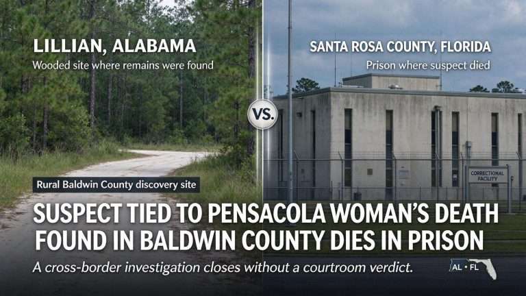 Illustration for the news story: Suspect Tied to Pensacola Woman’s Death Found in Baldwin County Dies in Prison