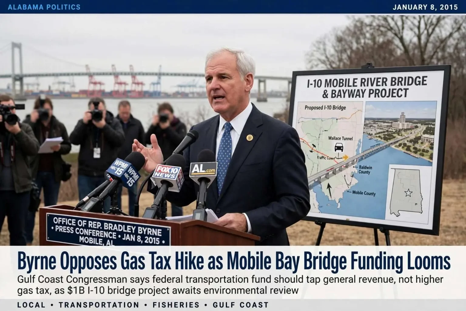 Illustration for the news story: Byrne Opposes Gas Tax Hike as Mobile Bay Bridge Funding Looms