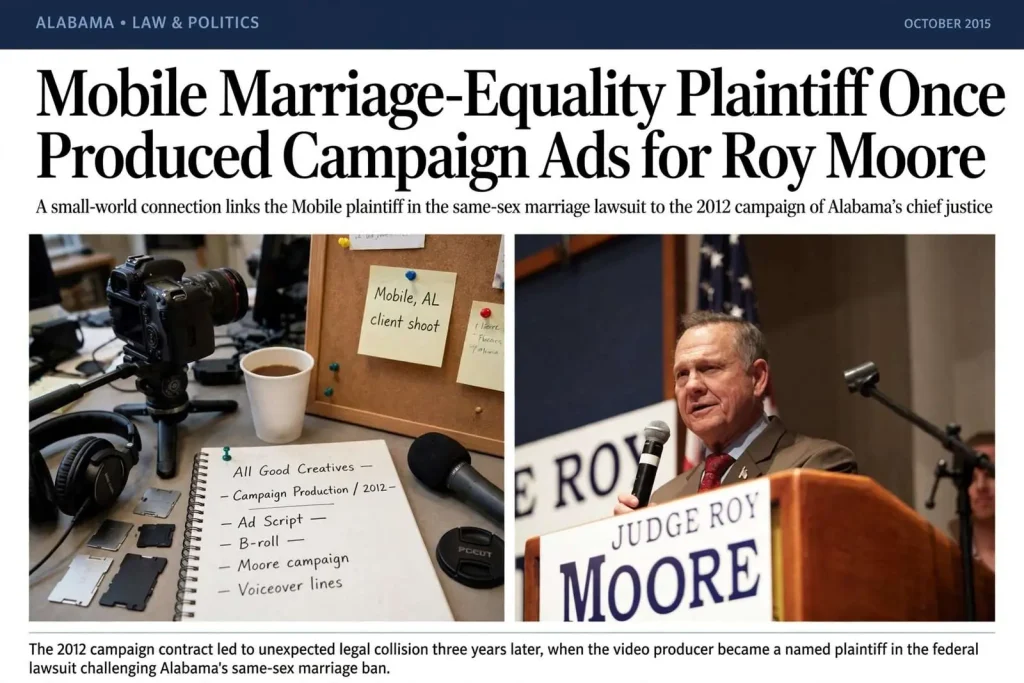 Illustration for the news story: Mobile Marriage-Equality Plaintiff Once Produced Campaign Ads for Roy Moore