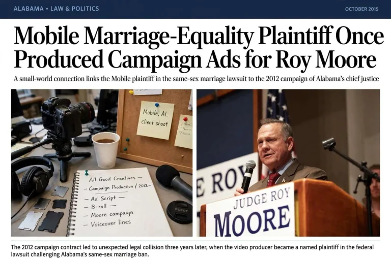Illustration for the news story: Mobile Marriage-Equality Plaintiff Once Produced Campaign Ads for Roy Moore