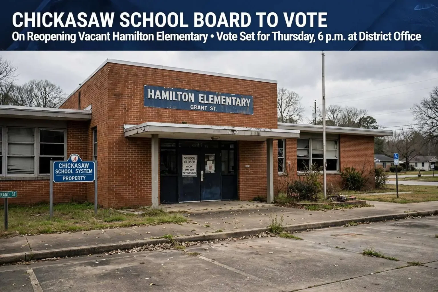 Illustration for the news story: Chickasaw School Board to Vote on Reopening Vacant Hamilton Elementary