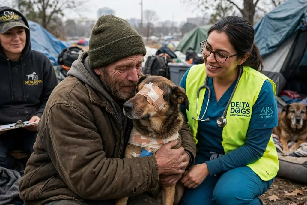 Illustration for the news story: Delta Dogs Charity Reunites Homeless Mobile Man With Injured Dog