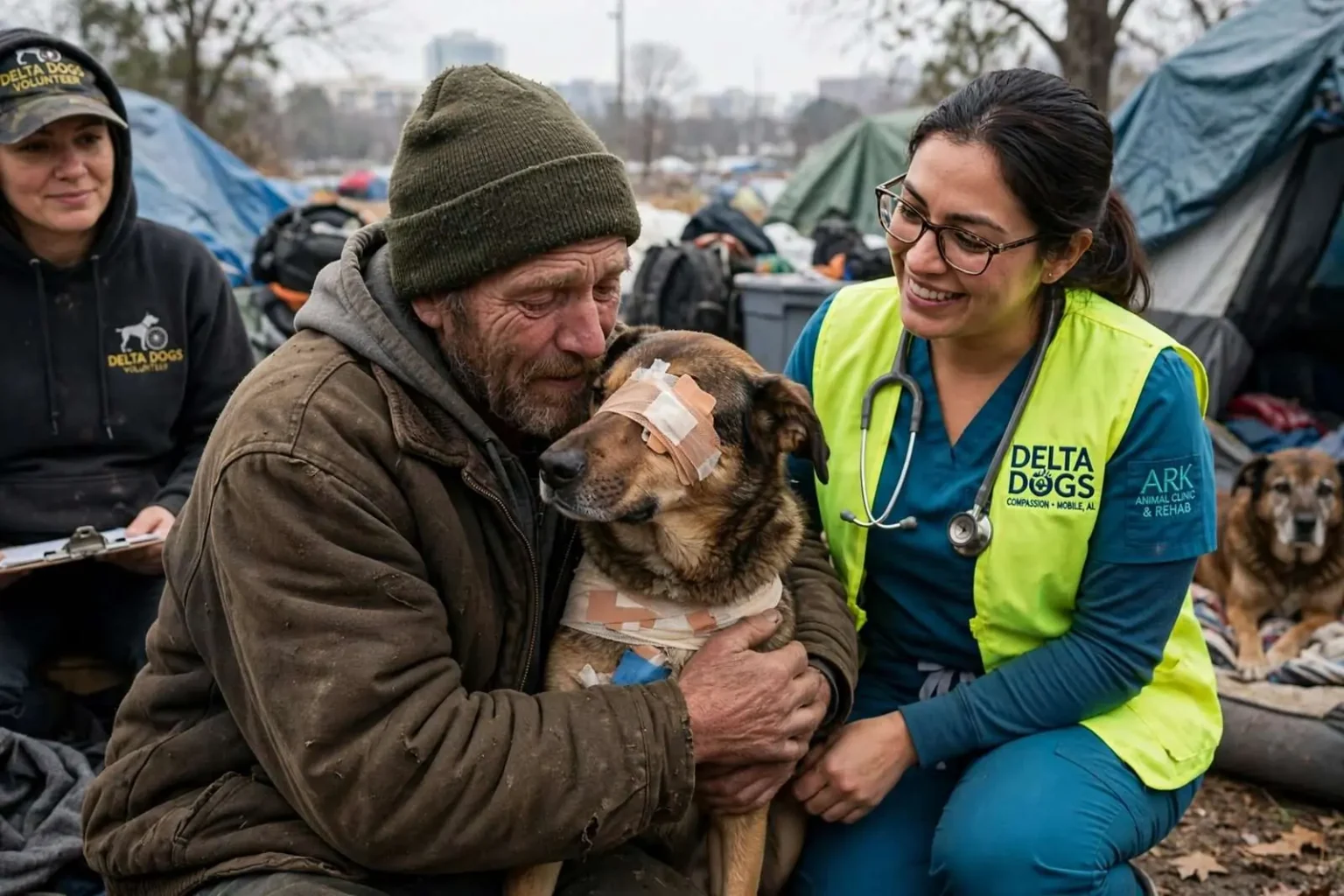 Illustration for the news story: Delta Dogs Charity Reunites Homeless Mobile Man With Injured Dog