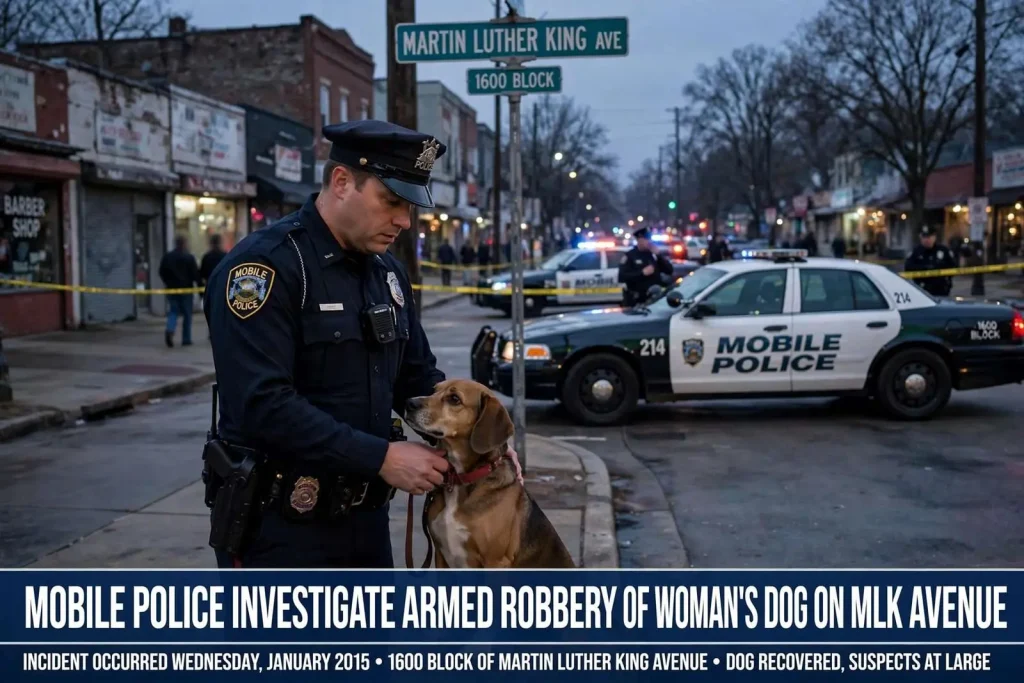 Illustration for the news story: Mobile Police Investigate Armed Robbery of Woman’s Dog on MLK Avenue