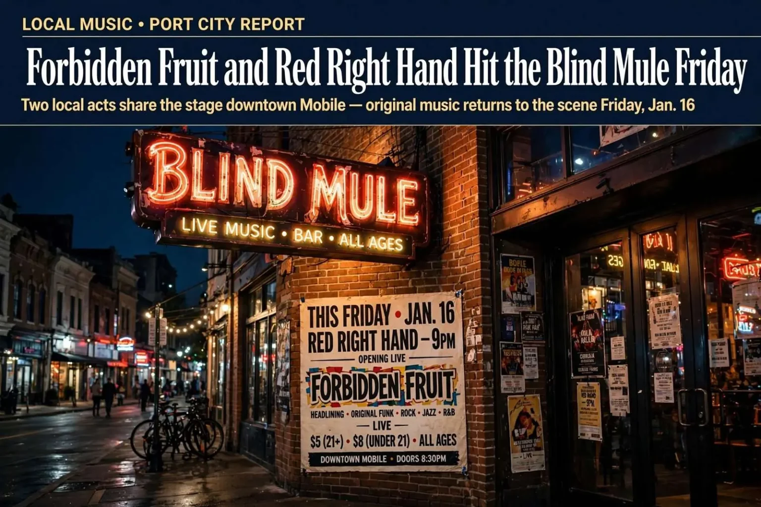 Illustration for the news story: Forbidden Fruit and Red Right Hand Hit the Blind Mule Friday
