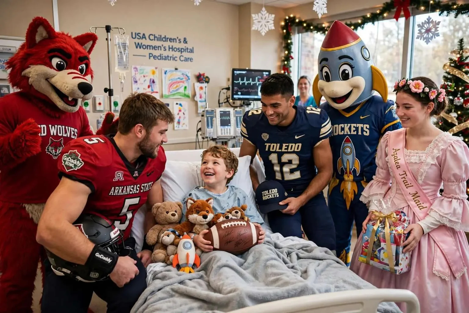 Illustration for the news story: GoDaddy Bowl Teams Bring Holiday Cheer to Mobile Children’s Hospital Patients