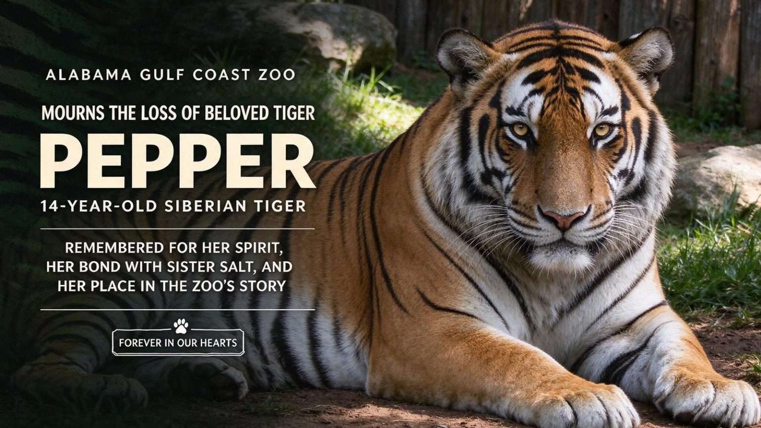 Illustration for the news story: Alabama Gulf Coast Zoo Mourns Loss of Beloved Tiger Pepper