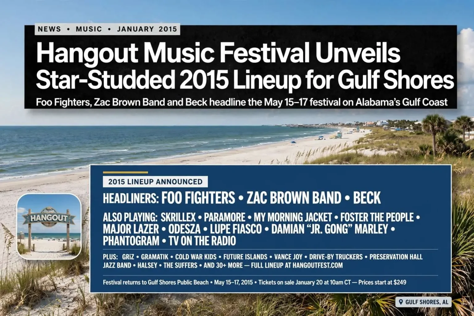 Illustration for the news story: Hangout Music Festival Unveils Star-Studded 2015 Lineup for Gulf Shores