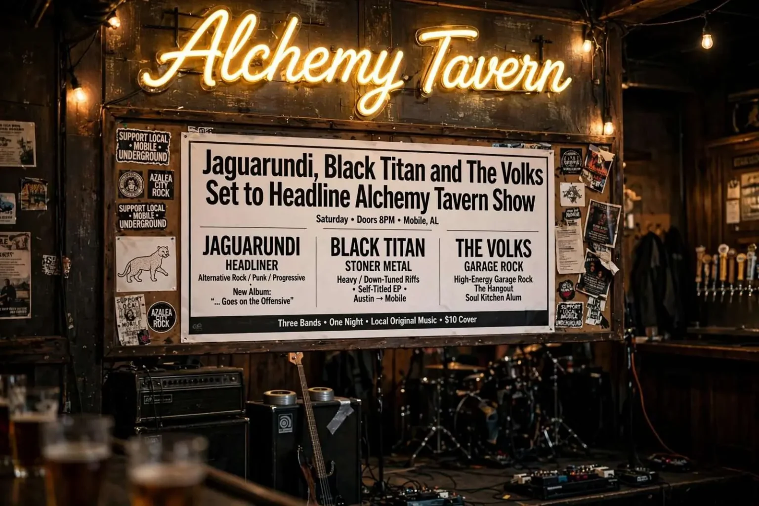 Illustration for the news story: Jaguarundi, Black Titan and The Volks Set to Headline Alchemy Tavern Show