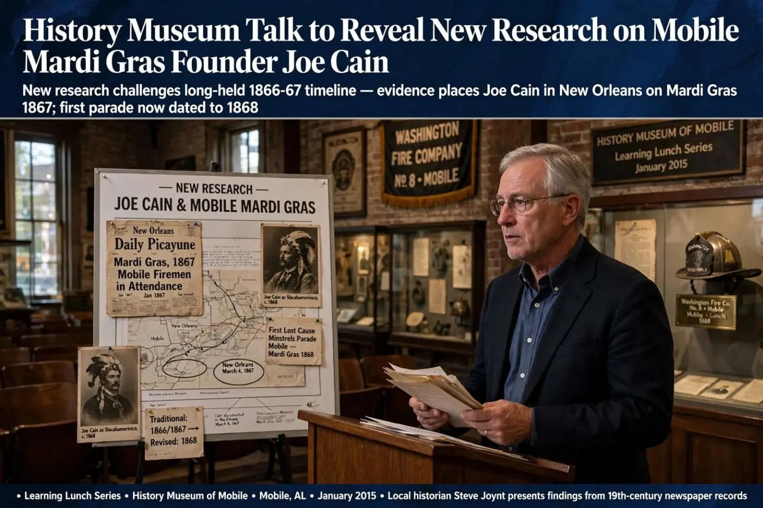 Illustration for the news story: History Museum Talk to Reveal New Research on Mobile Mardi Gras Founder Joe Cain