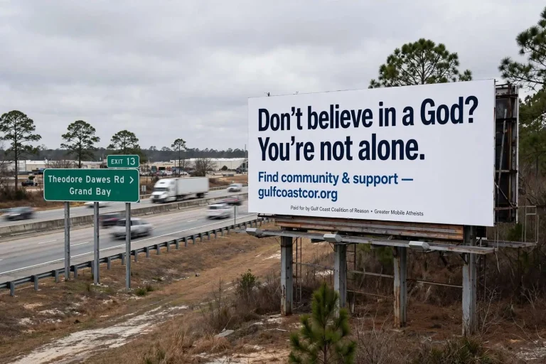 Illustration for the news story: Mobile Billboard Aimed at Uniting Nonbelievers Taken Down Early, Group Says