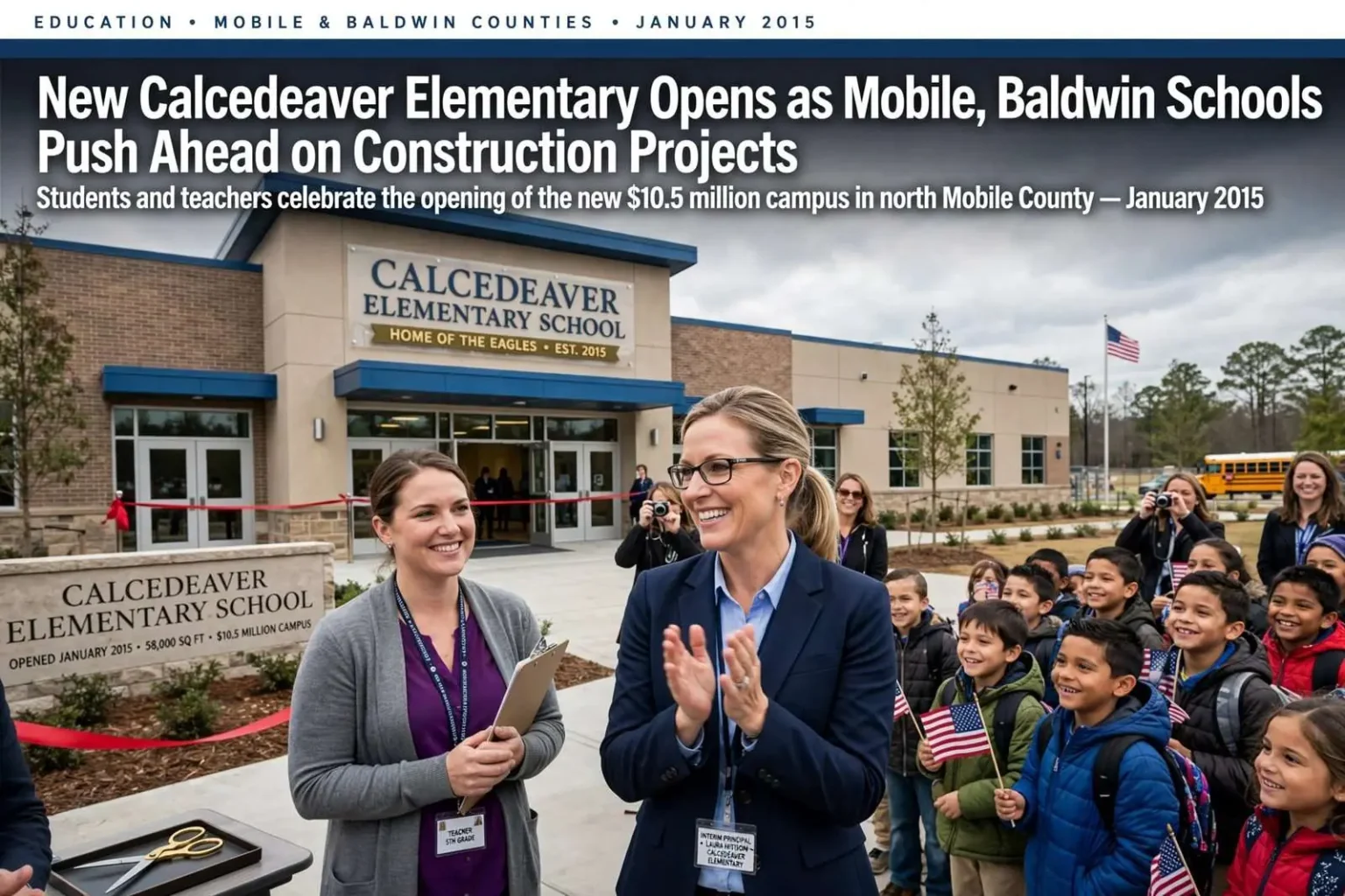Illustration for the news story: New Calcedeaver Elementary Opens as Mobile, Baldwin Schools Push Ahead on Construction Projects
