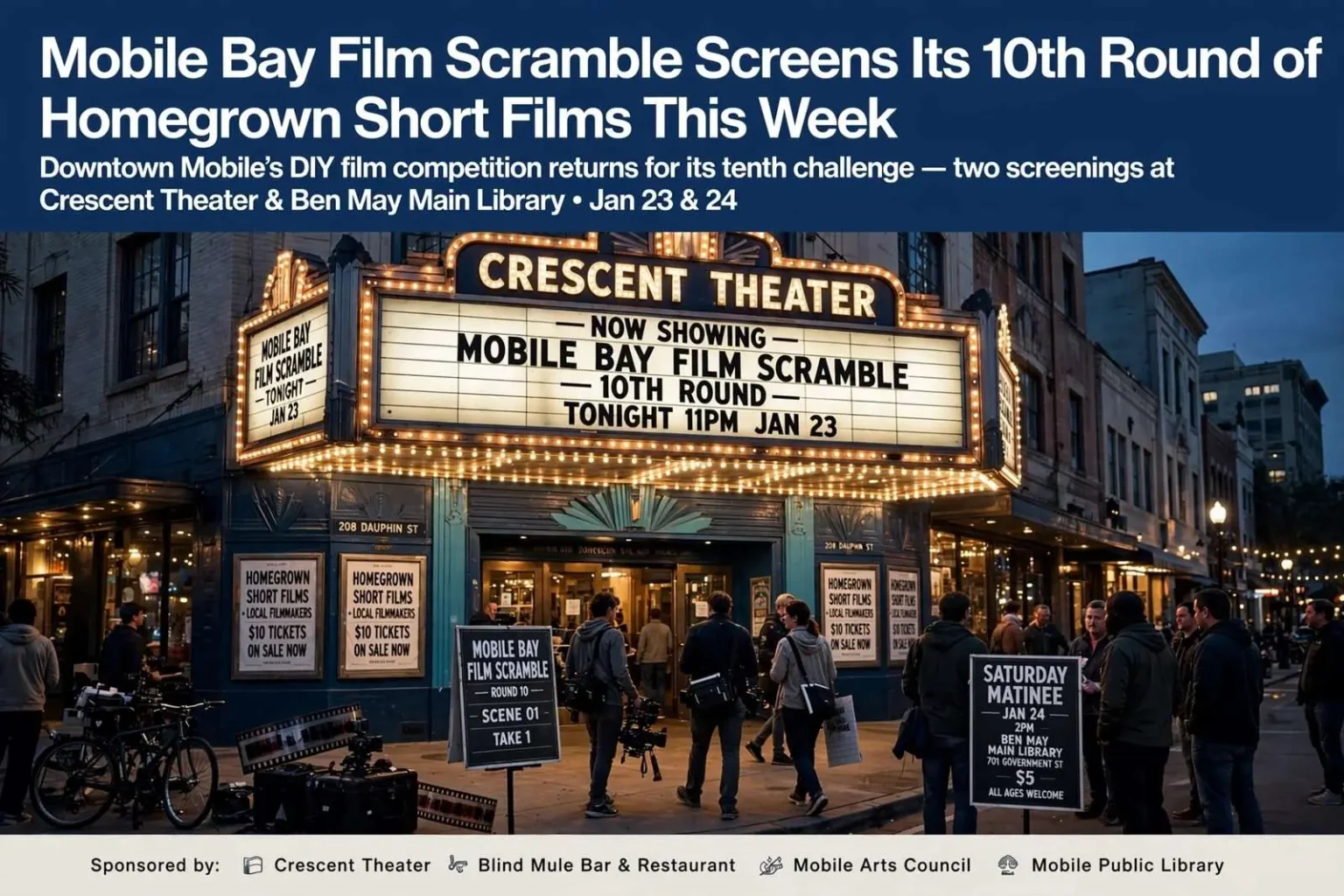 Illustration for the news story: Mobile Bay Film Scramble Screens Its 10th Round of Homegrown Short Films This Week