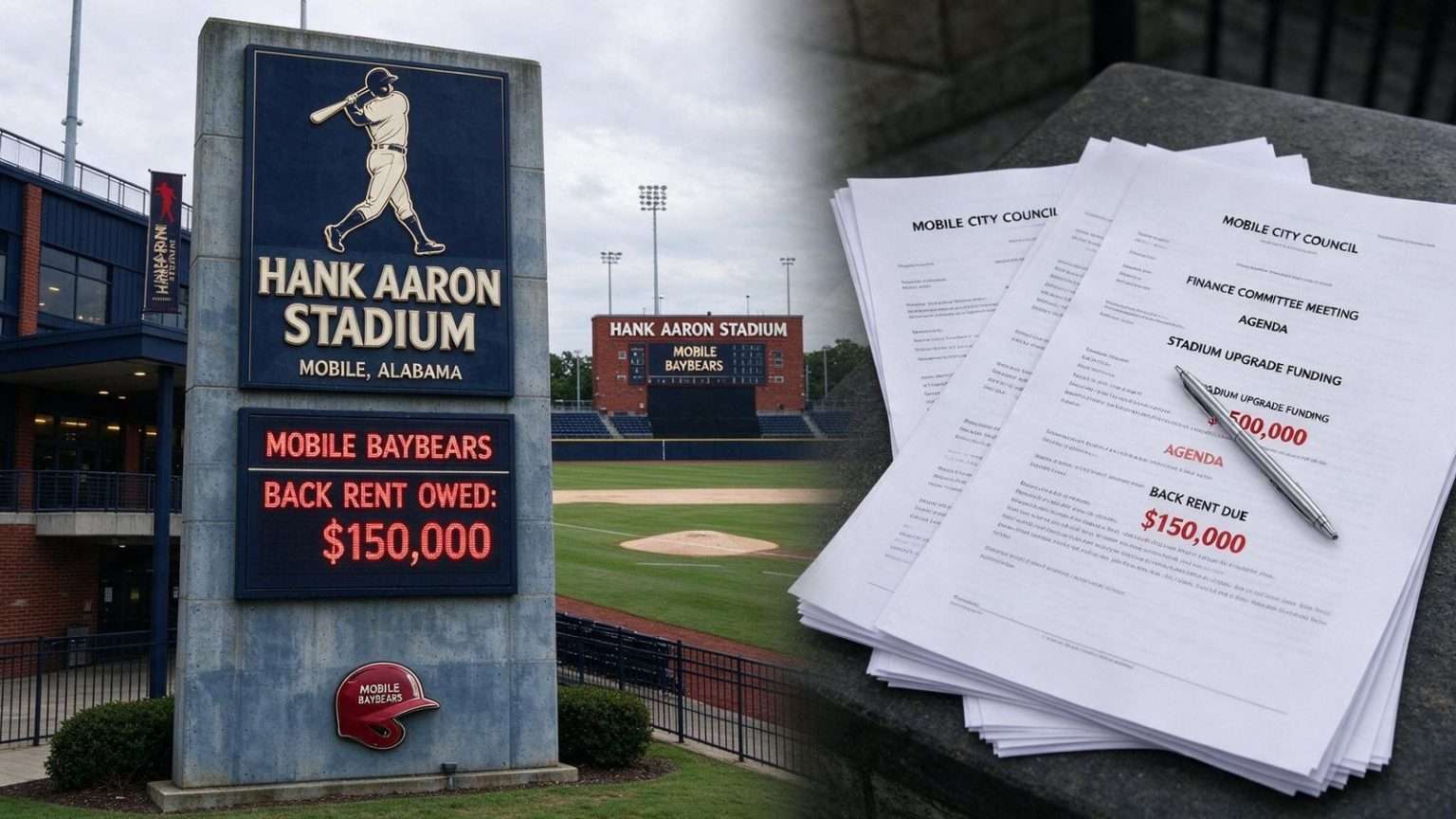 Illustration for the news story: Mobile BayBears Owe City $150,000 in Back Rent for Hank Aaron Stadium