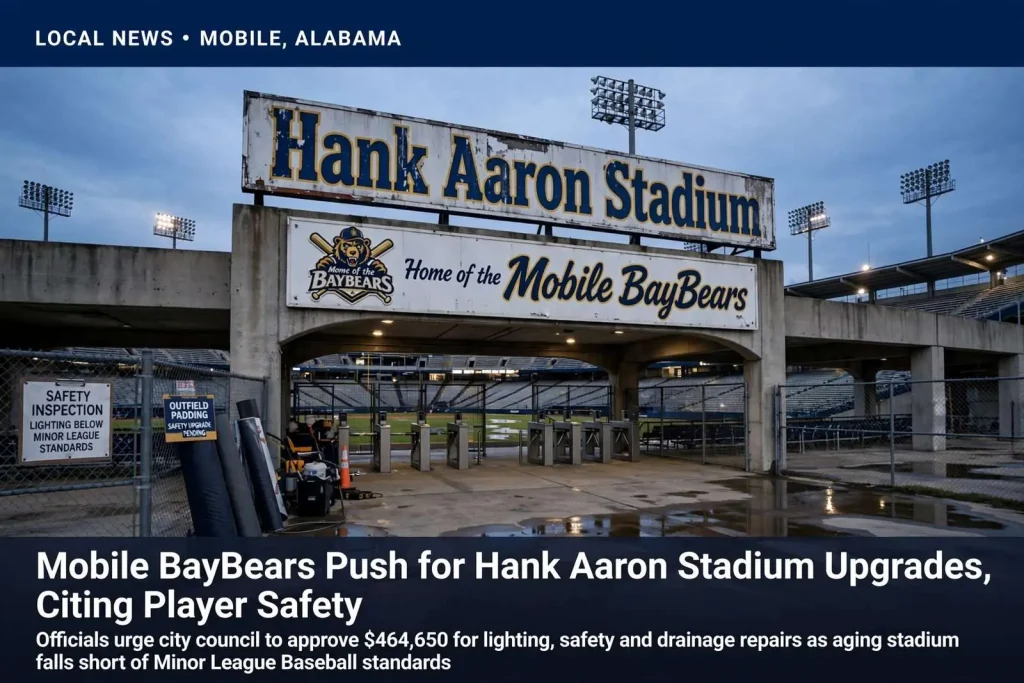 Illustration for the news story: Mobile BayBears Push for Hank Aaron Stadium Upgrades, Citing Player Safety