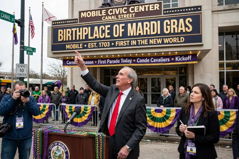 Illustration for the news story: Mobile Reasserts Its Claim as the Birthplace of Mardi Gras