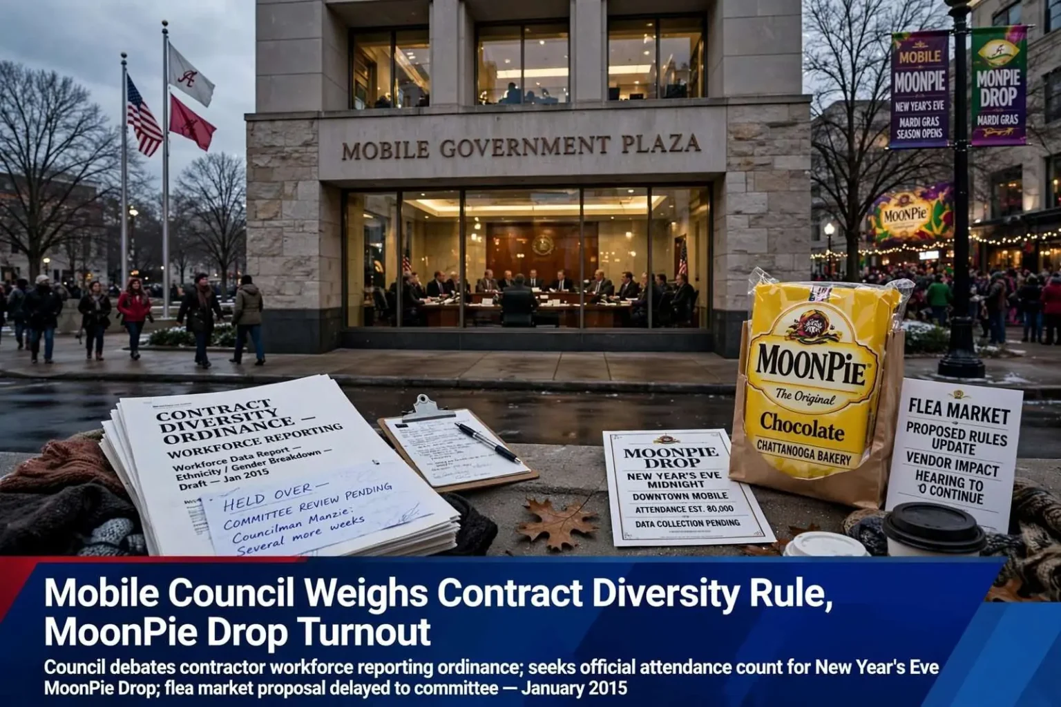 Illustration for the news story: Mobile Council Weighs Contract Diversity Rule, MoonPie Drop Turnout