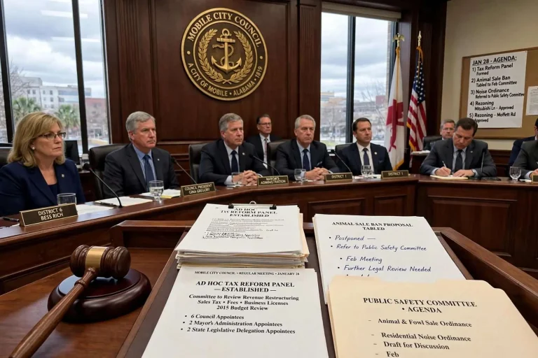 Illustration for the news story: Mobile Council Forms Tax Reform Panel, Tables Animal Sale Ban