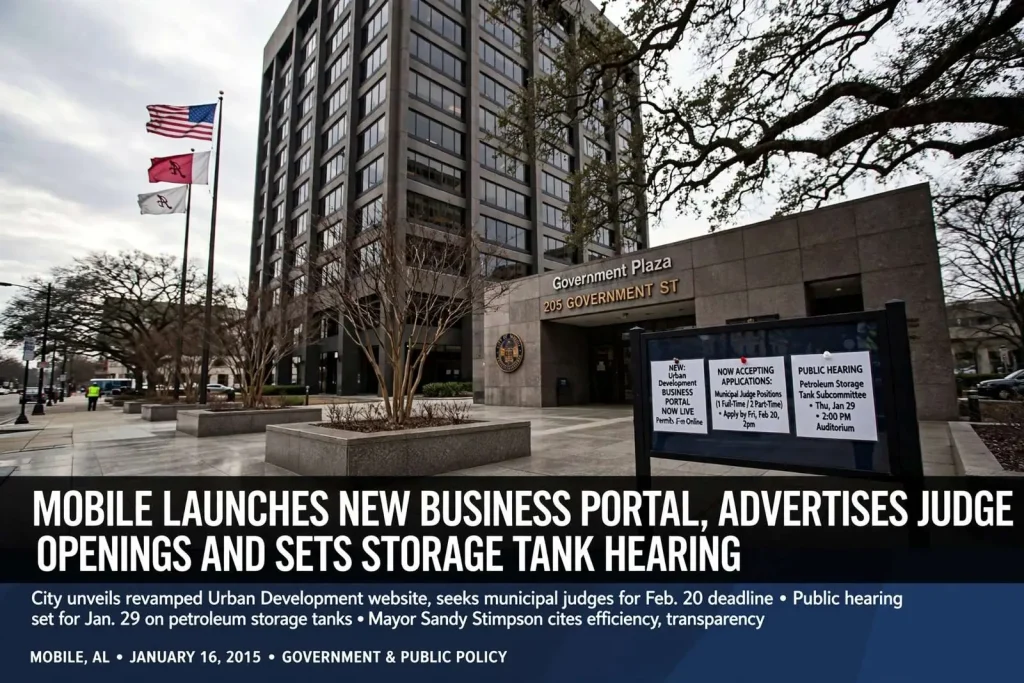 Illustration for the news story: Mobile Launches New Business Portal, Advertises Judge Openings and Sets Storage Tank Hearing