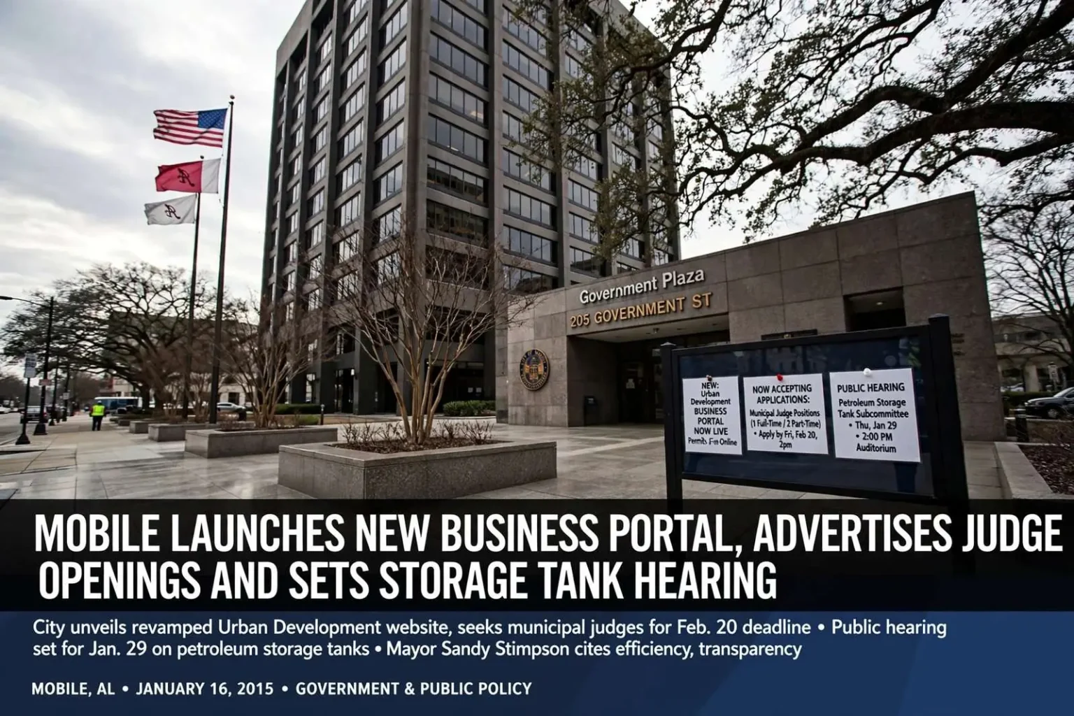Illustration for the news story: Mobile Launches New Business Portal, Advertises Judge Openings and Sets Storage Tank Hearing