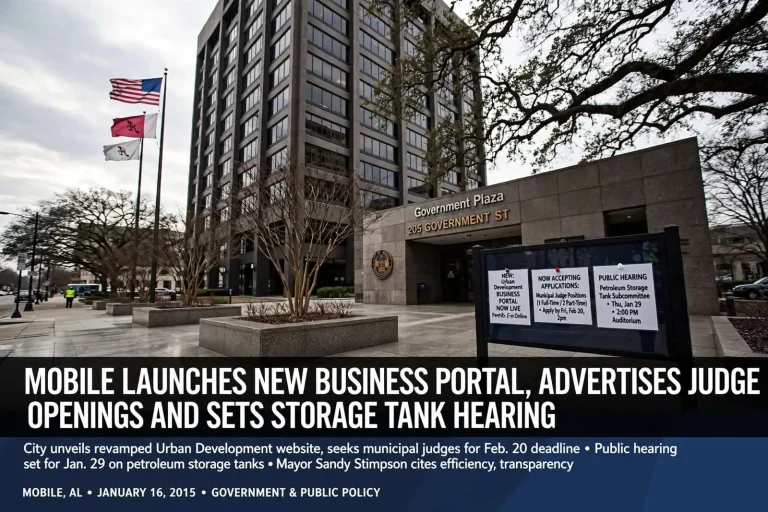 Illustration for the news story: Mobile Launches New Business Portal, Advertises Judge Openings and Sets Storage Tank Hearing