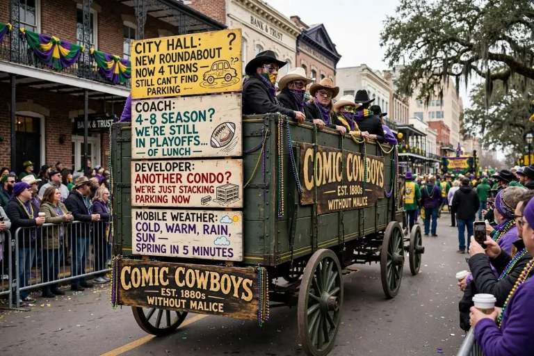 Illustration for the news story: The Comic Cowboys: Inside Mobile’s Satirical Mardi Gras Tradition