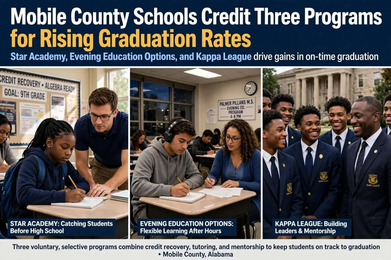 Illustration for the news story: Mobile County Schools Credit Three Programs for Rising Graduation Rates