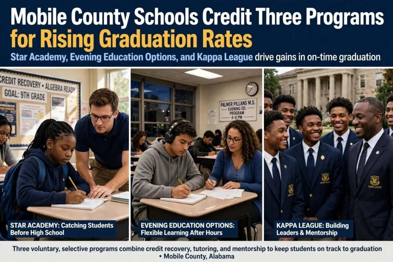 Illustration for the news story: Mobile County Schools Credit Three Programs for Rising Graduation Rates