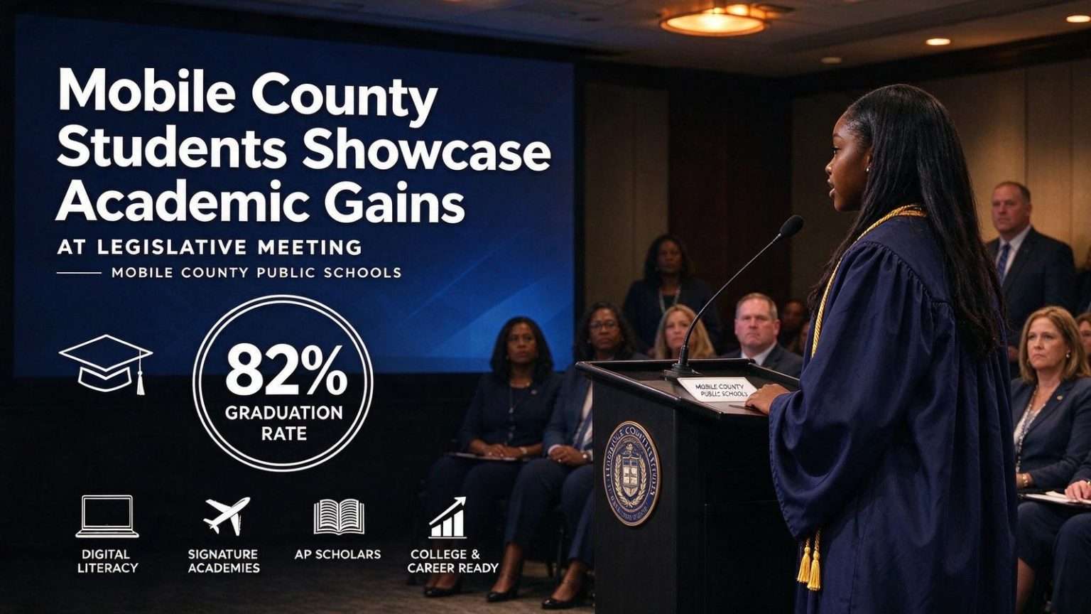 Illustration for the news story: Mobile County Students Showcase Academic Gains at Legislative Meeting