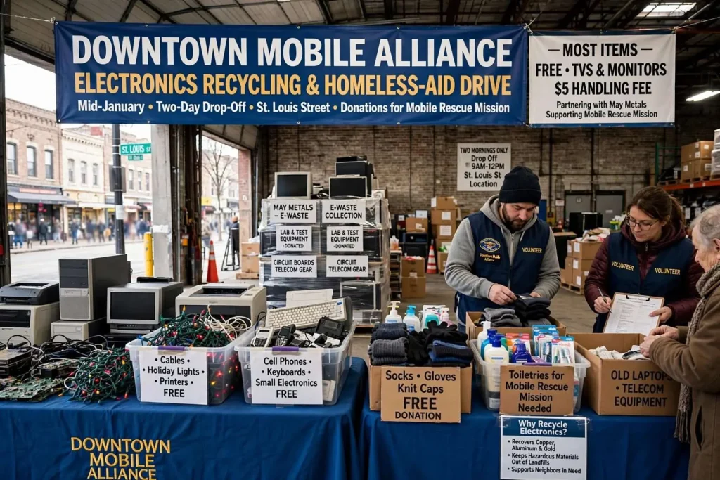 Illustration for the news story: Downtown Mobile Alliance Hosts Electronics Recycling and Homeless-Aid Drive