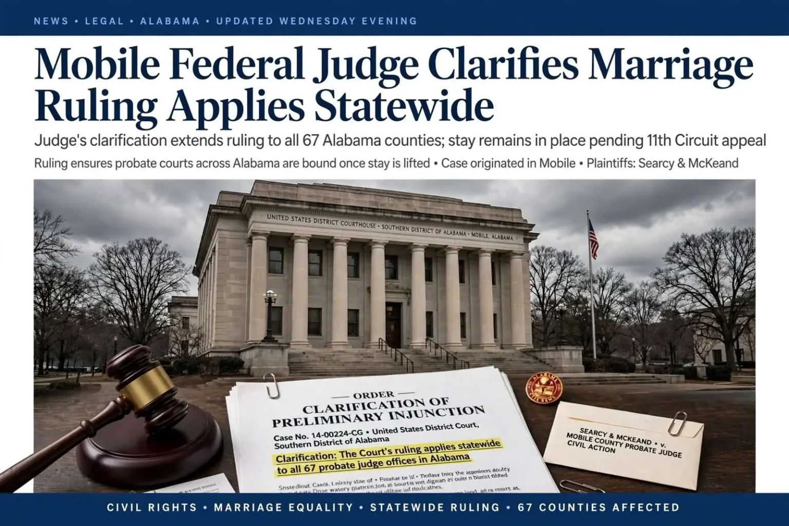 Illustration for the news story: Mobile Federal Judge Clarifies Marriage Ruling Applies Statewide