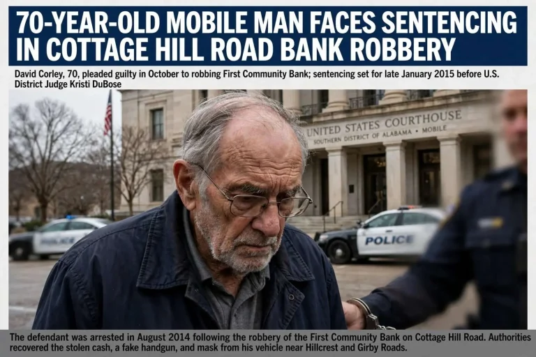 Illustration for the news story: 70-Year-Old Mobile Man Faces Sentencing in Cottage Hill Road Bank Robbery