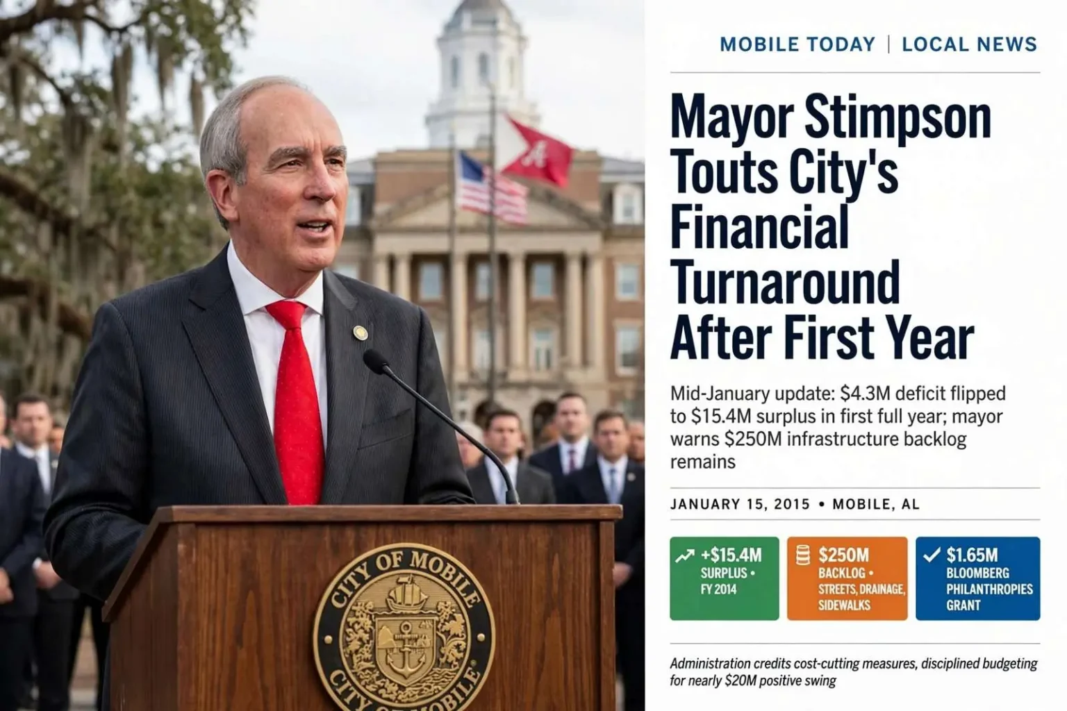 Illustration for the news story: Mobile Mayor Stimpson Touts City’s Financial Turnaround After First Year