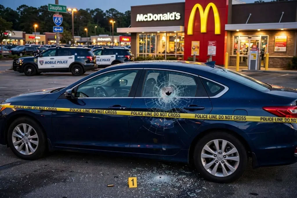 Illustration for the news story: Gunfire Strikes Occupied Car in Parking Lot of Mobile McDonald’s