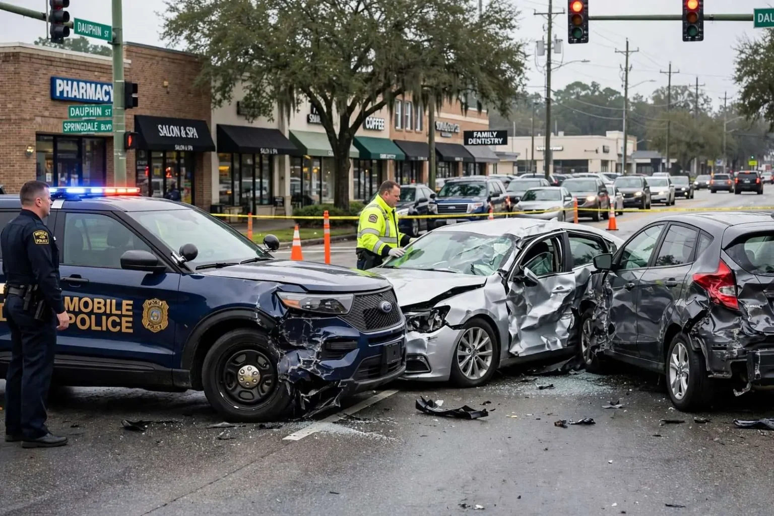 Illustration for the news story: Mobile Police Officer Treated After Three-Vehicle Crash on Dauphin Street