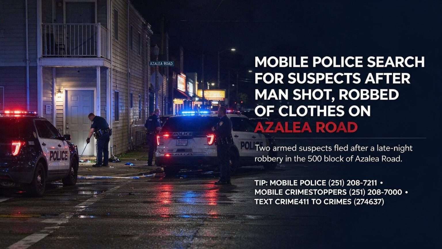 Illustration for the news story: Mobile Police Search for Suspects After Man Shot, Robbed of Clothes on Azalea Road