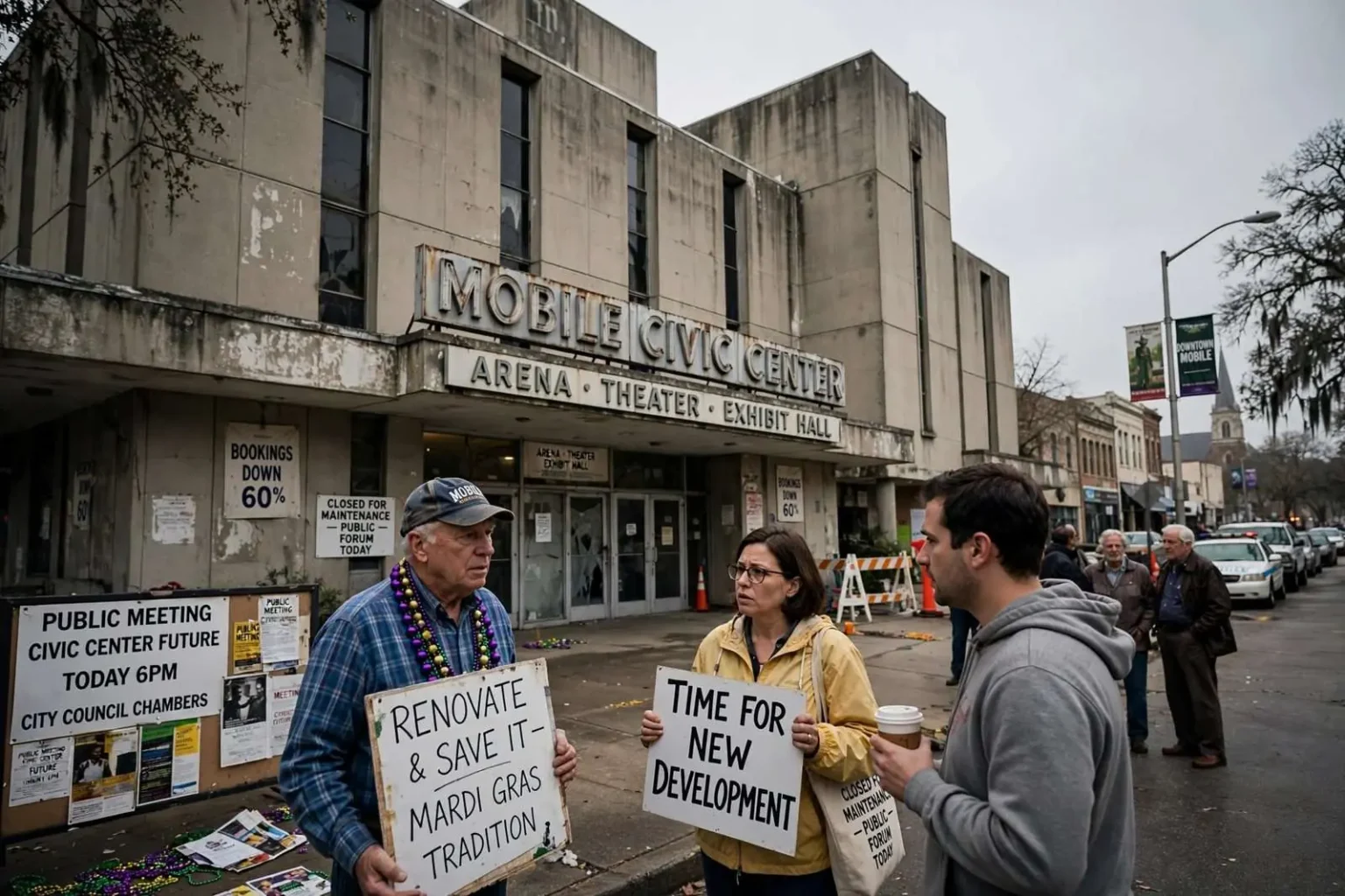 Illustration for the news story: Mobile Residents Debate the Future of the Aging Civic Center