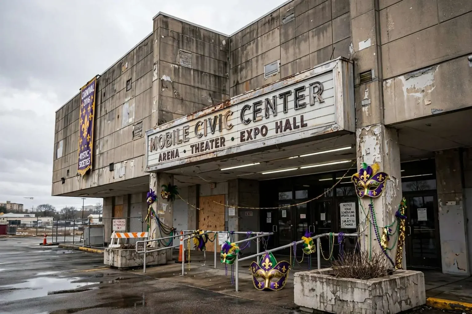 Illustration for the news story: Mobile’s Mardi Gras Balls May Need a New Home as Civic Center’s Future Grows Uncertain