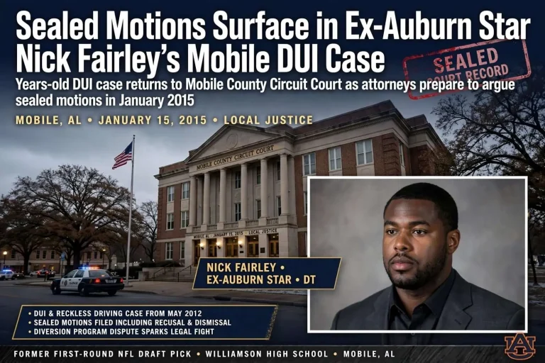 Illustration for the news story: Sealed Motions Surface in Ex-Auburn Star Nick Fairley’s Mobile DUI Case