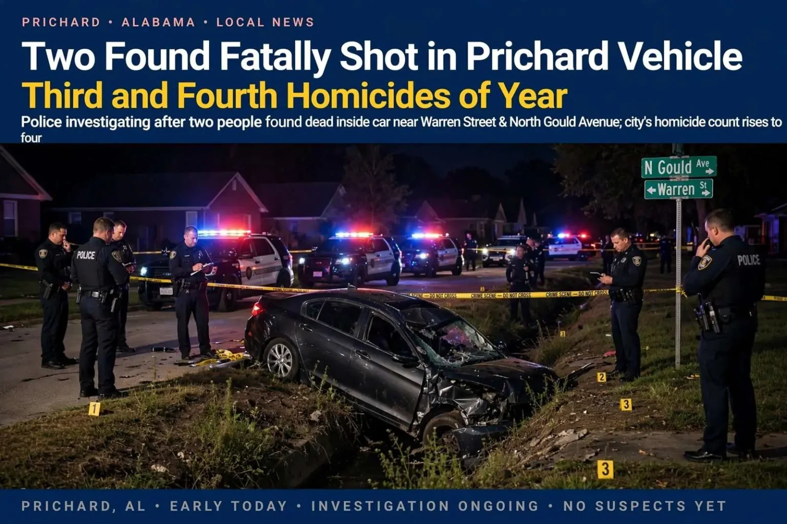 Illustration for the news story: Two Found Fatally Shot in Prichard Vehicle, Third and Fourth Homicides of Year