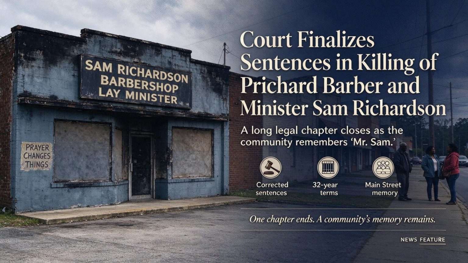 Illustration for the news story: Court Finalizes Sentences in Killing of Prichard Barber and Minister Sam Richardson