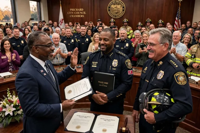 Illustration for the news story: Prichard Swears In New Police and Fire Chiefs After Long Search